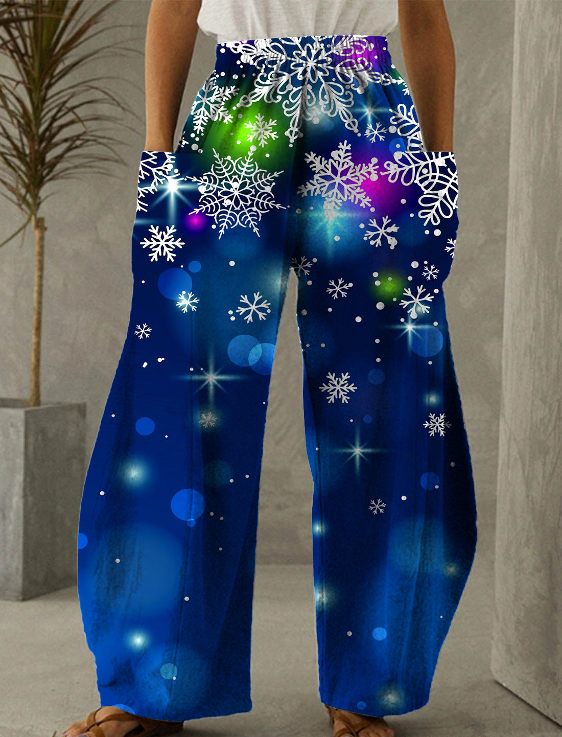Christmas Fancy Blue Print Casual Pants