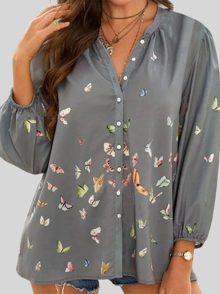 Butterfly Print Long Sleeve Lapel Shirt