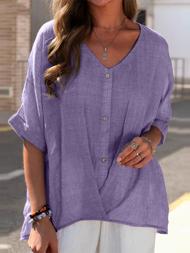 Cotton and Linen V-Neck Loose Shirt