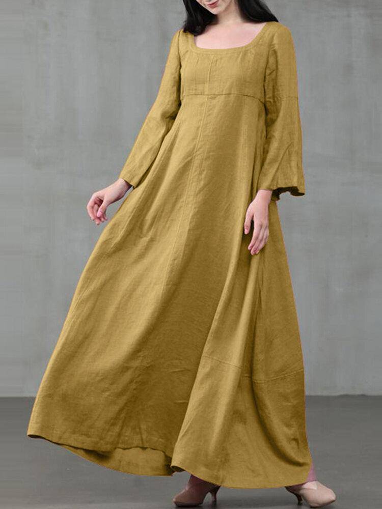 Solid Color A-Line Long Sleeve Maxi Cotton Loose Dress