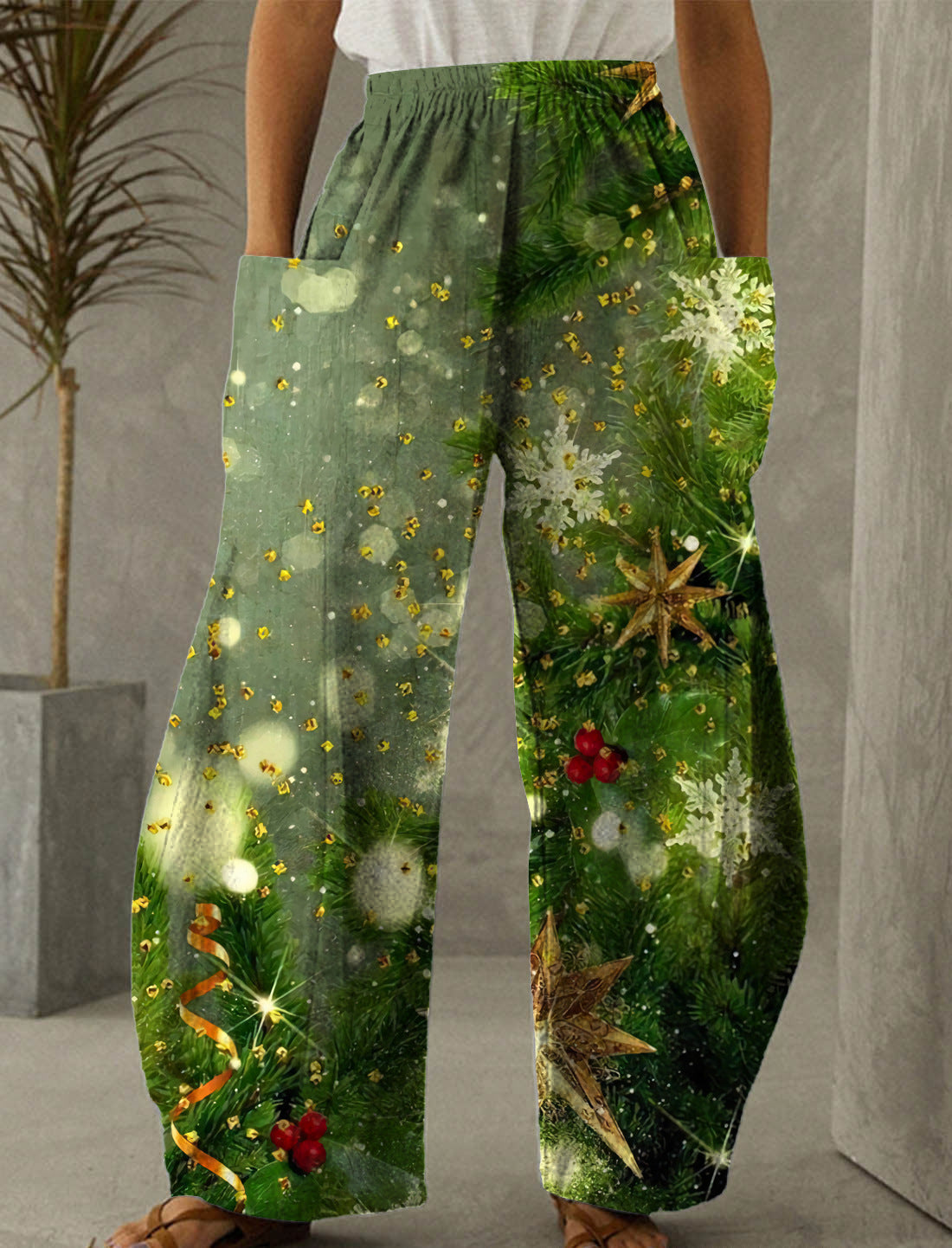 Christmas Green Print Casual Pants