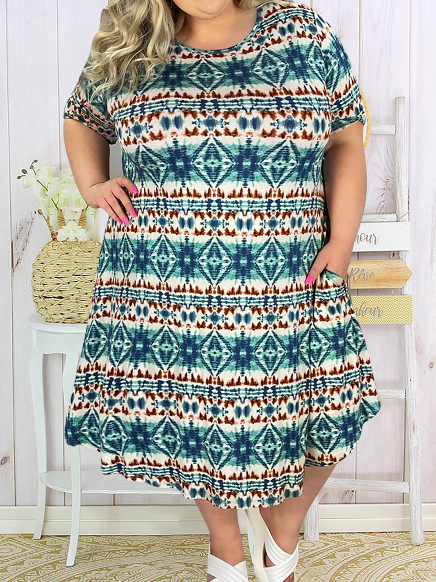 Plus Size Round Neck Short Sleeve Casual Printed Dress