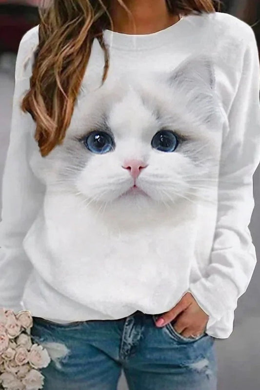 Cute Cat Print Crew Neck Long Sleeves Sweatshirt