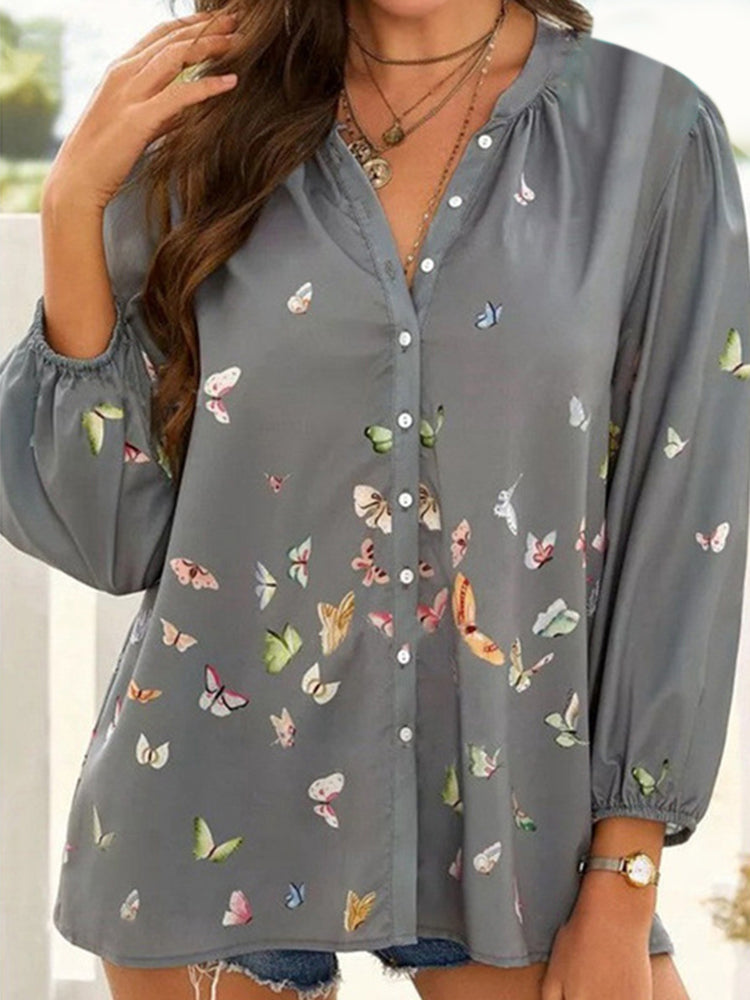 Butterfly Print Long Sleeve Lapel Shirt