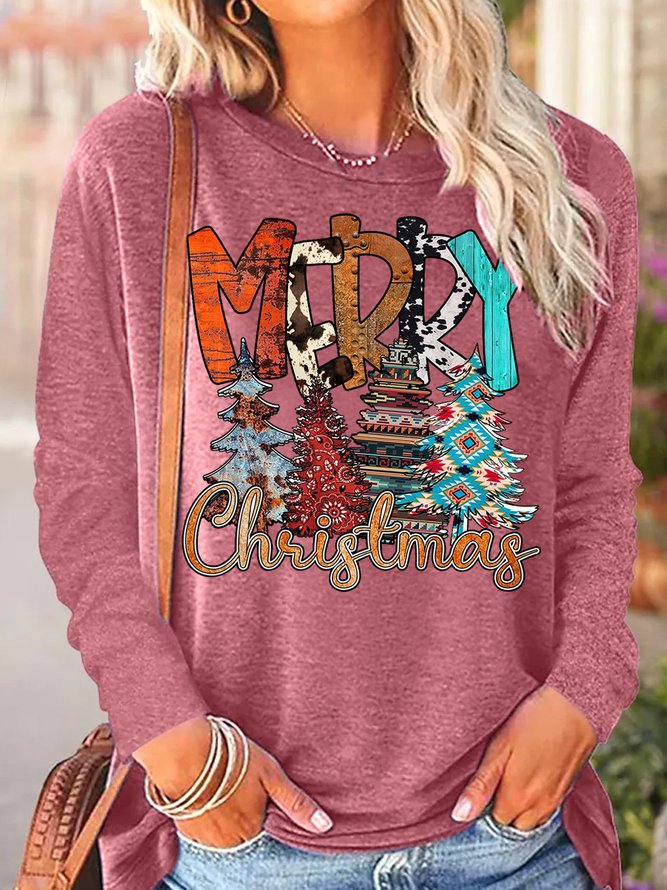 Womens Christmas Vintage Print Letters Tops