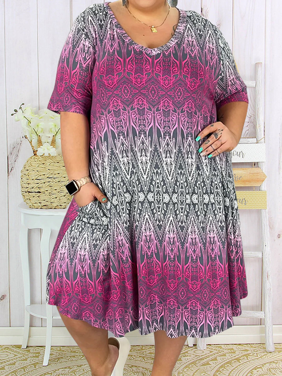 Plus Size V Neck Short Sleeve Mixed Color Printed Dress