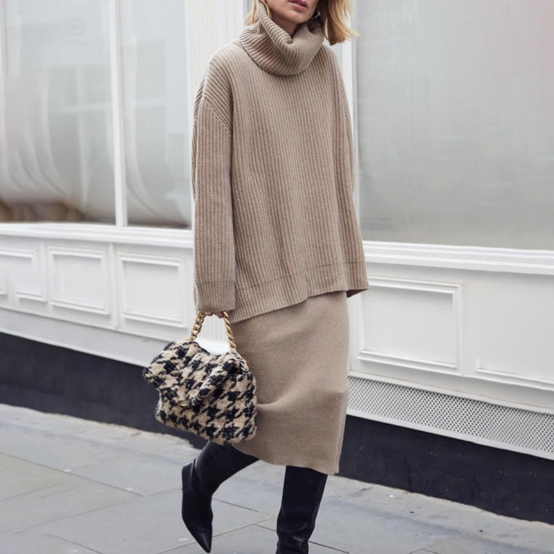 Casual Solid Color Turtleneck Sweater Two Piece Set