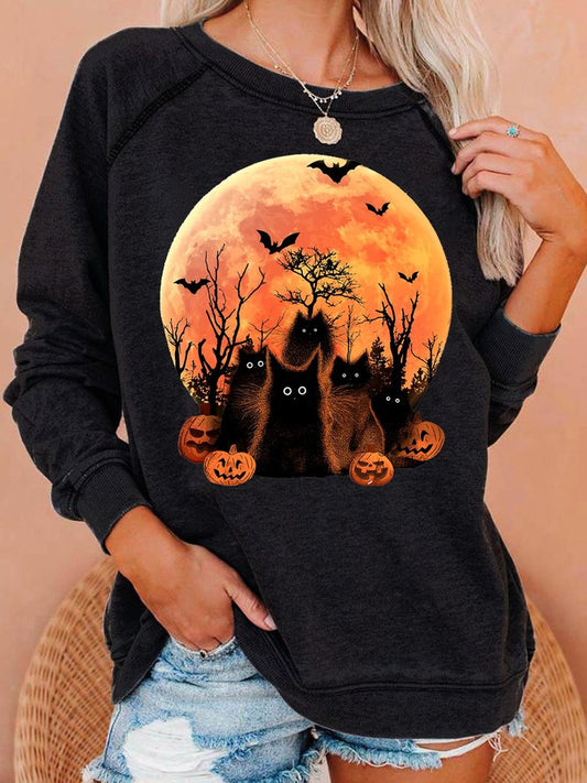 Womens Halloween Black Witch Cat Crew Neck Sweatshirts