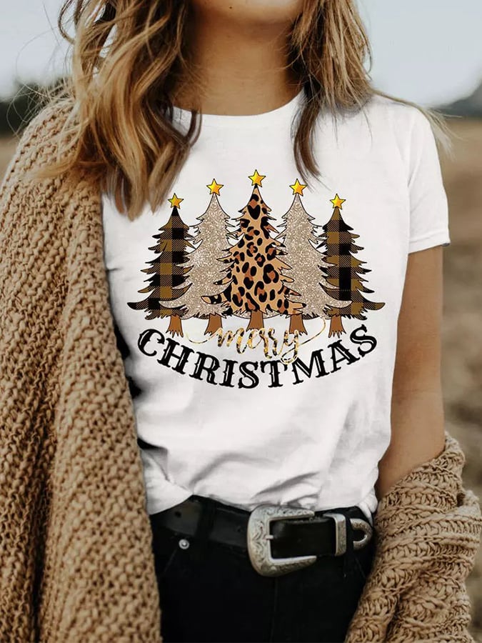 Women's Western Christmas Tree Merry Christmas Print Short Sleeve Crewneck T-Shirt