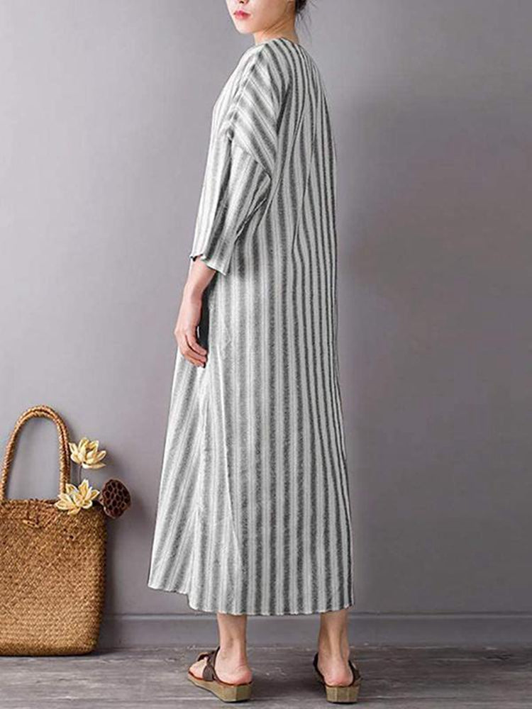Women'S Casual Striped V-Neck Slit Cotton And Linen Dress