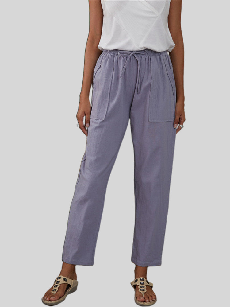 Women's Solid Color Large Pocket Elastic Waist Cotton Linen Loose Ladies Casual Pants