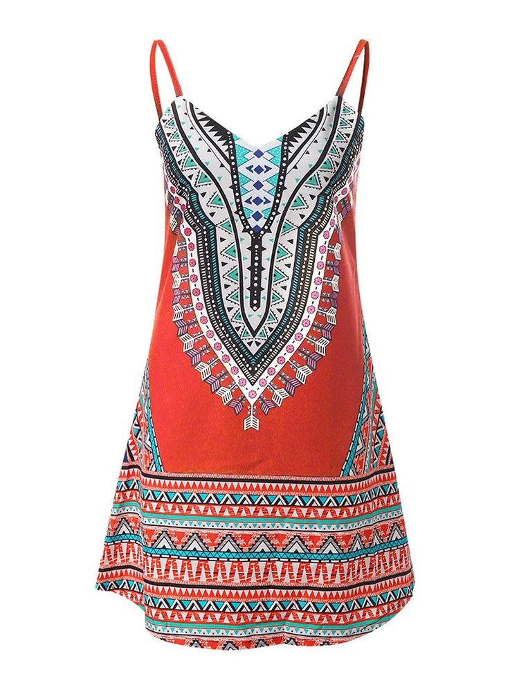Summer New Retro Print Suspender Dress Short Skirt