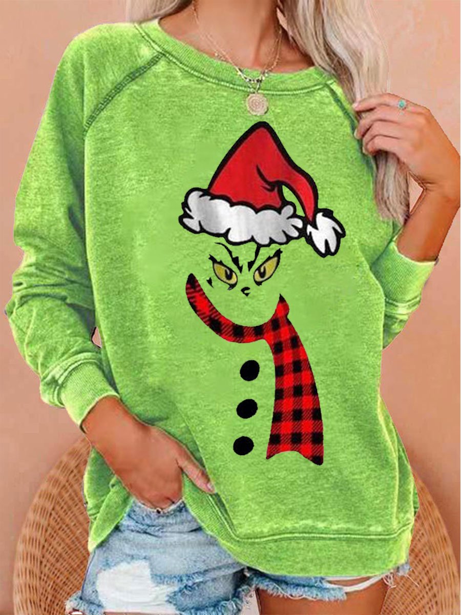 Women's Christmas Green Monster Ginch Check Santa Hat Print Sweatshirt