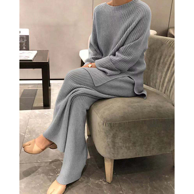 Long sleeve solid color knitted casual two-piece set