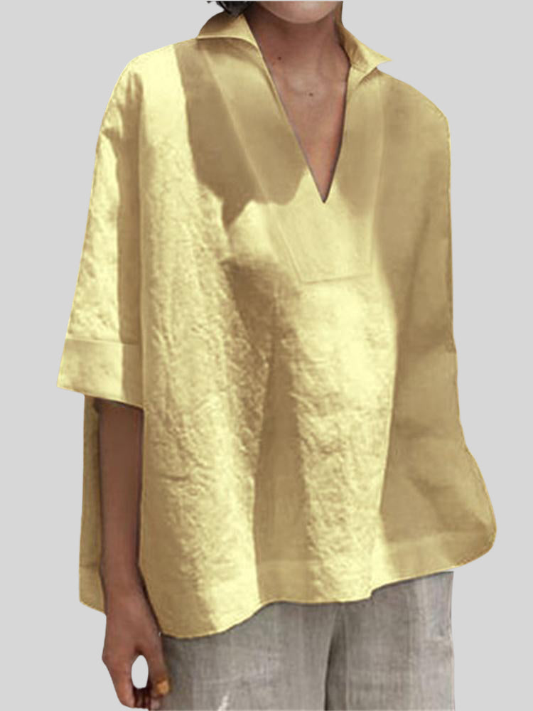 V-neck Cotton And Linen All-Match Solid Color Loose Mid-Sleeve Women's Shirt