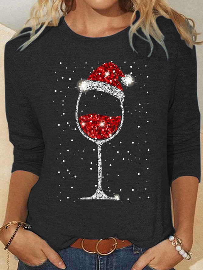 Womens Glass of Red Wine Christmas Wine Drinking Santa Crew Neck Casual Tops
