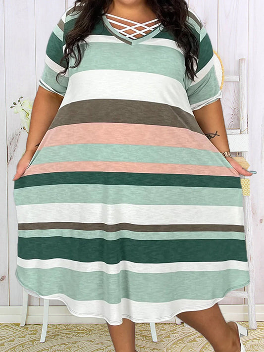 Plus Size V Neck Colorblock Stripe Short Sleeve Dress