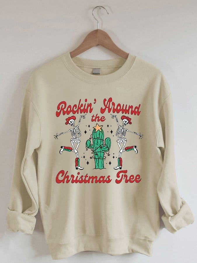 Women's Western Christmas Rockin Around The Christmas Tree Printed Casual Sweatshirt