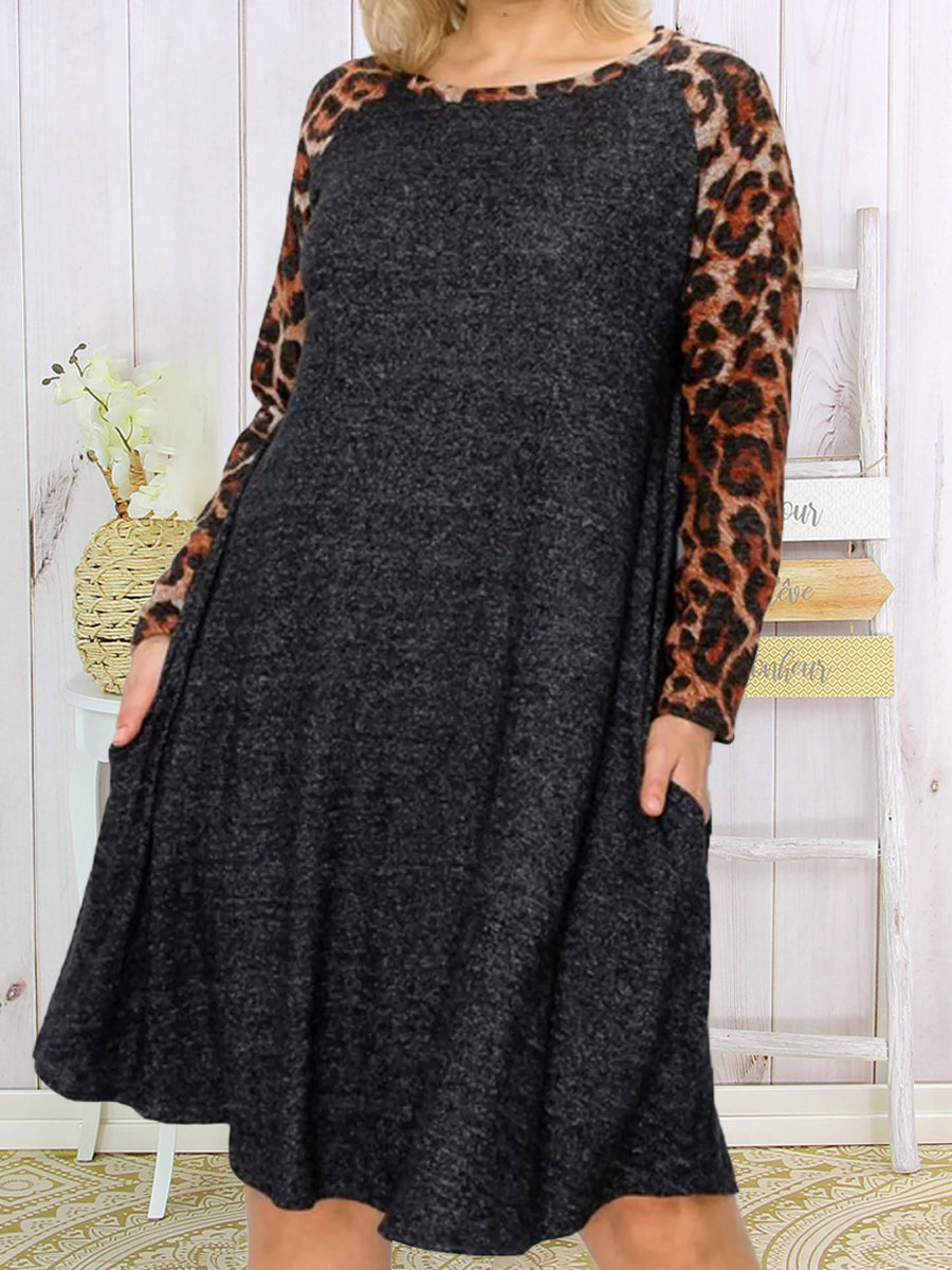 Plus Size Round Neck Sttiching Leopard Long Sleeve Dress