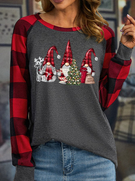 Women's Christmas Gnome Crew Neck Geometric Long Sleeve T-Shirt