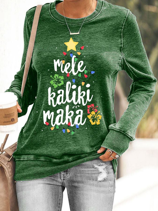 Women's Mele Kalikimaka  Hawaii Print Casual Crew Neck Sweatshirt