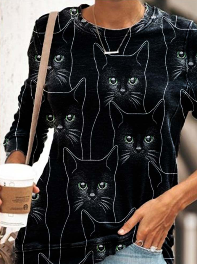 Casual Crew Neck Fitted Cat Print Sweatshirt