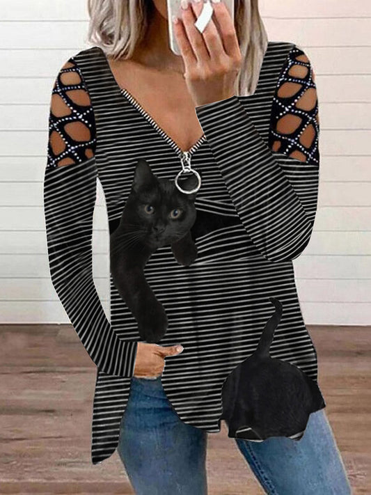 Women's  Striped  Holiday Weekend 3D Cat Shirt