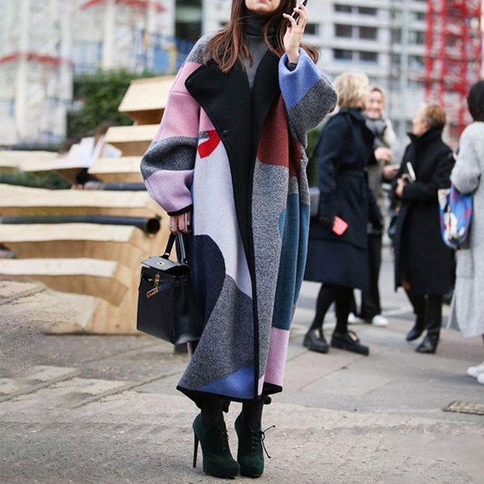 Chic Contrast Color Puff Sleeve Coat