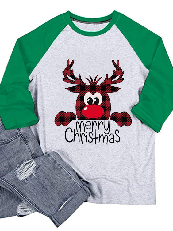 Merry  Christmas deer head print simple crew neck T-shirt