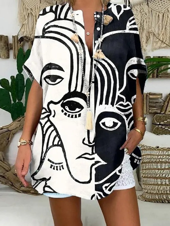 Abstract Figure Print Button Front Shirt