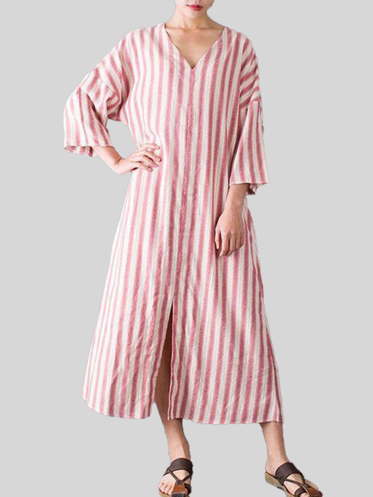 Women'S Casual Striped V-Neck Slit Cotton And Linen Dress