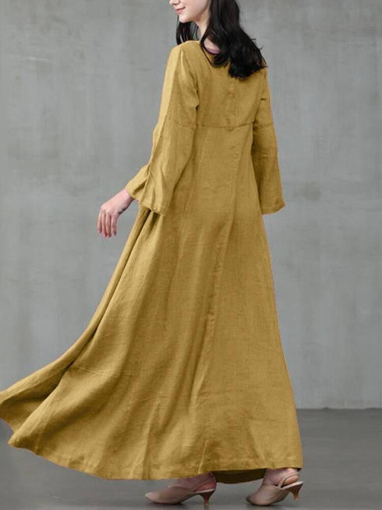 Solid Color A-Line Long Sleeve Maxi Cotton Loose Dress