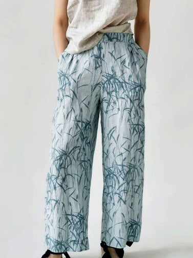 Cotton-Hemp Bamboo Print Fashion Pants - boddysize